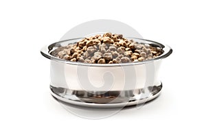 Dog Silver Bowl With Dry Food On White Background. Generative AI