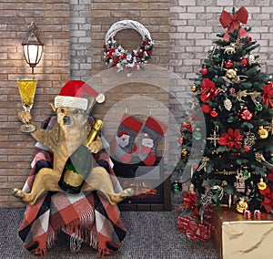 Dog sits at fireplace with champagne