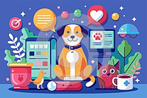 A dog sits on a laptop computer, looking curiously at the screen, Pet care Customizable Flat Illustration