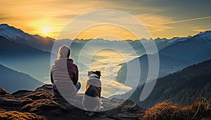 A dog sits, looking at sunset, enjoying nature beauty generated by AI