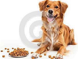 Dog sits next to plate full of kibble, dog sits with plate of kibble