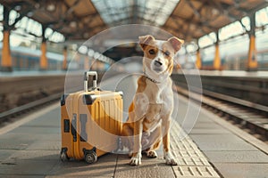 A Dog sits by a suitcase on the platform of the railway station, Traveling with a pet