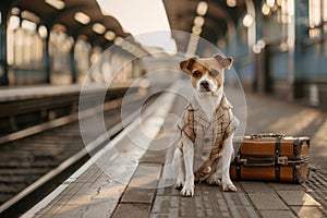 A Dog sits by a suitcase on the platform of the railway station, Traveling with a pet