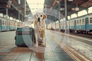 A Dog sits by a suitcase on the platform of the railway station, Traveling with a pet