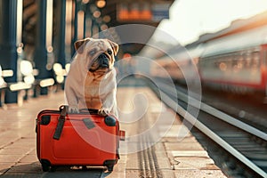 A Dog sits by a suitcase on the platform of the railway station, Traveling with a pet