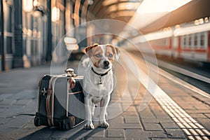 A Dog sits by a suitcase on the platform of the railway station, Traveling with a pet
