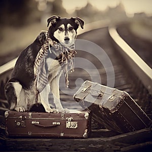 The dog sits on a suitcase on rails