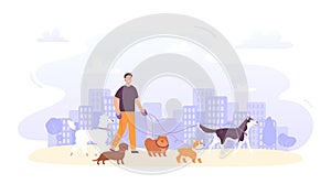 Dog sitter job outdoor. Male character with group of dogs on leash of different breeds in city. Pet care service