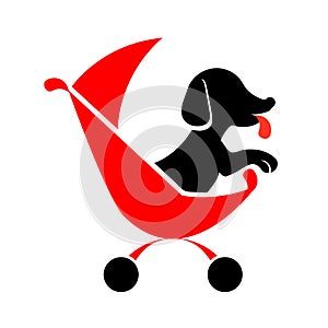 Dog sitter logo black red silhouette on white background for highlight. Walking pet in carriage icon vector isolated
