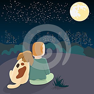 A dog sitting against the owner on the hill overlooking the city at night