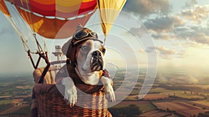 Dog Sitting in Basket on Hot Air Balloon