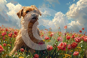 Dog sitting among blooming flowers on a sunny day., Generated AI