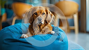 A dog sitting in a blue bean bag on the floor, AI