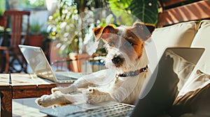 Dog Sitting on Couch With Laptop