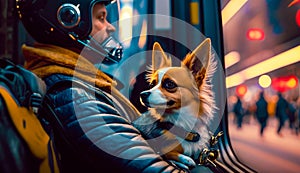 Dog is sitting in the driver's seat of car as man looks out the window. Generative AI