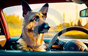Dog sitting in the driver's seat of car looking out the window. Generative AI