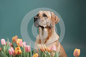 a dog sitting in front of a bunch of tulips