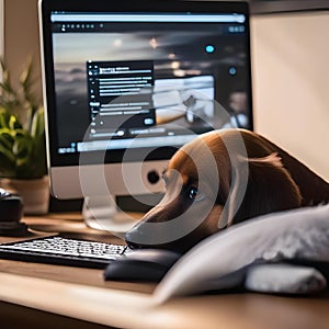 A dog sitting in front of a computer, with a paw on the keyboard, trying to type1