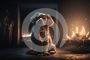 Dog sitting in front of fireplace with a glass of champagne