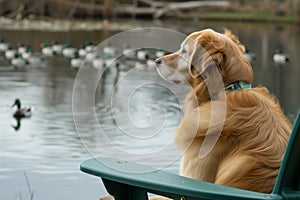 dog sitting patiently on chair, watching ducks on lake