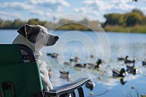 dog sitting patiently on chair, watching ducks on lake