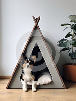 Dog sitting in pet booth. Cozy house inside interior