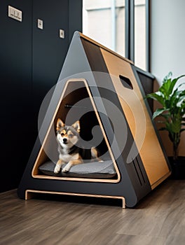 Dog sitting in pet booth. Cozy house inside interior