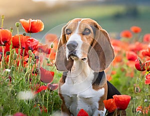 Dog sitting among poppy flowers - An endearing scene of a basset hound sitting amongst a field photo