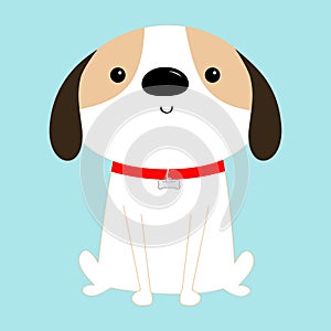Dog sitting. Red collar. White puppy pooch. Cute cartoon kawaii funny baby character. Flat design style. Help homeless animal