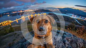 A dog sitting on a rock with the city lights in the background, AI