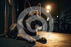 Dog sitting on sidewalk nighttime. Generate ai