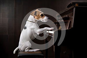 dog, sitting on top of grand piano, playing rock ballad with its paw