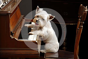 dog, sitting on top of grand piano, playing rock ballad with its paw