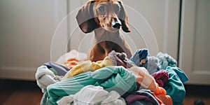 A dog sitting on top of a pile of clothes. Generative AI image.