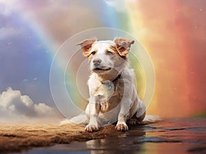 Dog sitting under the rainbow bridge. Pet loss concept