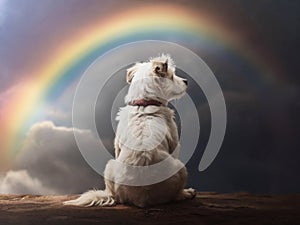 Dog sitting under the rainbow bridge. Pet loss concept