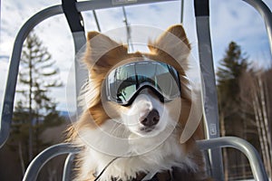 dog with ski goggles on chairlift looking at camera