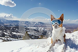 dog with ski goggles on a snowy mountain overlook