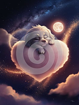 Dog is sleeping on cloud shaped heart, moonlight , milky way golden dust, 3d style