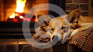 Dog sleeping near a burning fireplace