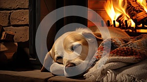 Dog sleeping near a burning fireplace