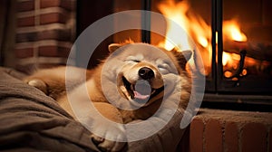 Dog sleeping near a burning fireplace