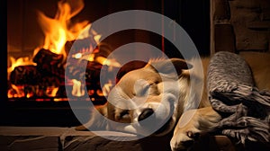 Dog sleeping near a burning fireplace