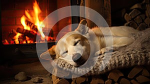 Dog sleeping near a burning fireplace