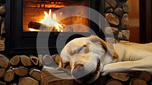 Dog sleeping near a burning fireplace