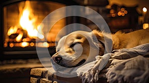 Dog sleeping near a burning fireplace