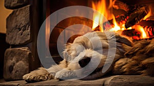 Dog sleeping near a burning fireplace