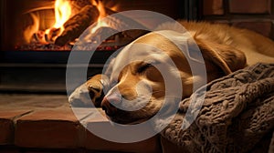 Dog sleeping near a burning fireplace