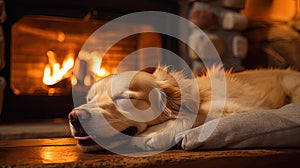 Dog sleeping near a burning fireplace