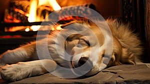 Dog sleeping near a burning fireplace